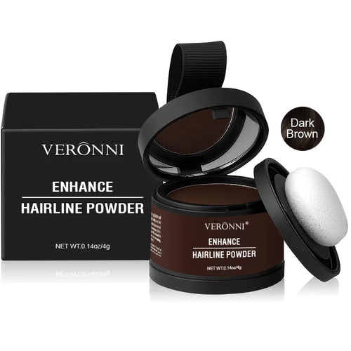 Hairline shadow powder in Dark Brown, open jar with mirror lid and sponge puff