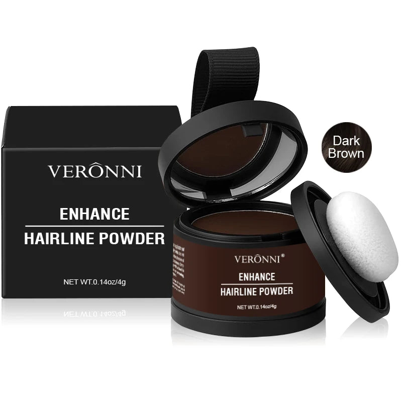 Hairline shadow powder in Dark Brown, open jar with mirror lid and sponge puff