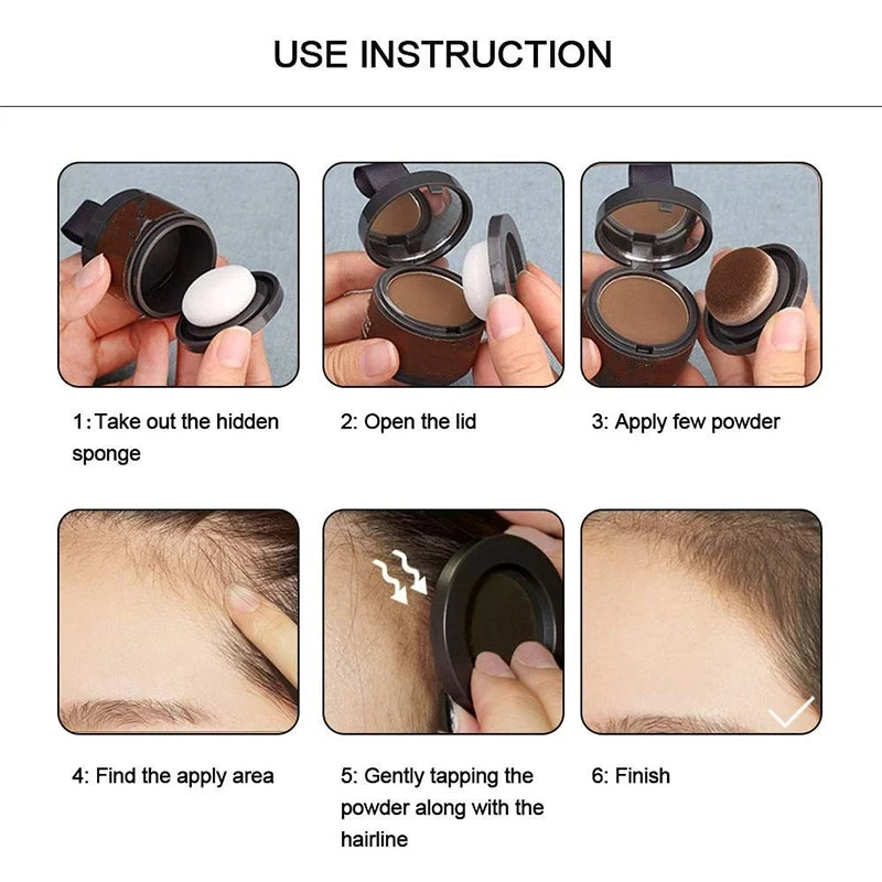 Six-step guide: take out sponge, open lid, pick up powder, find area, tap along hairline, finish