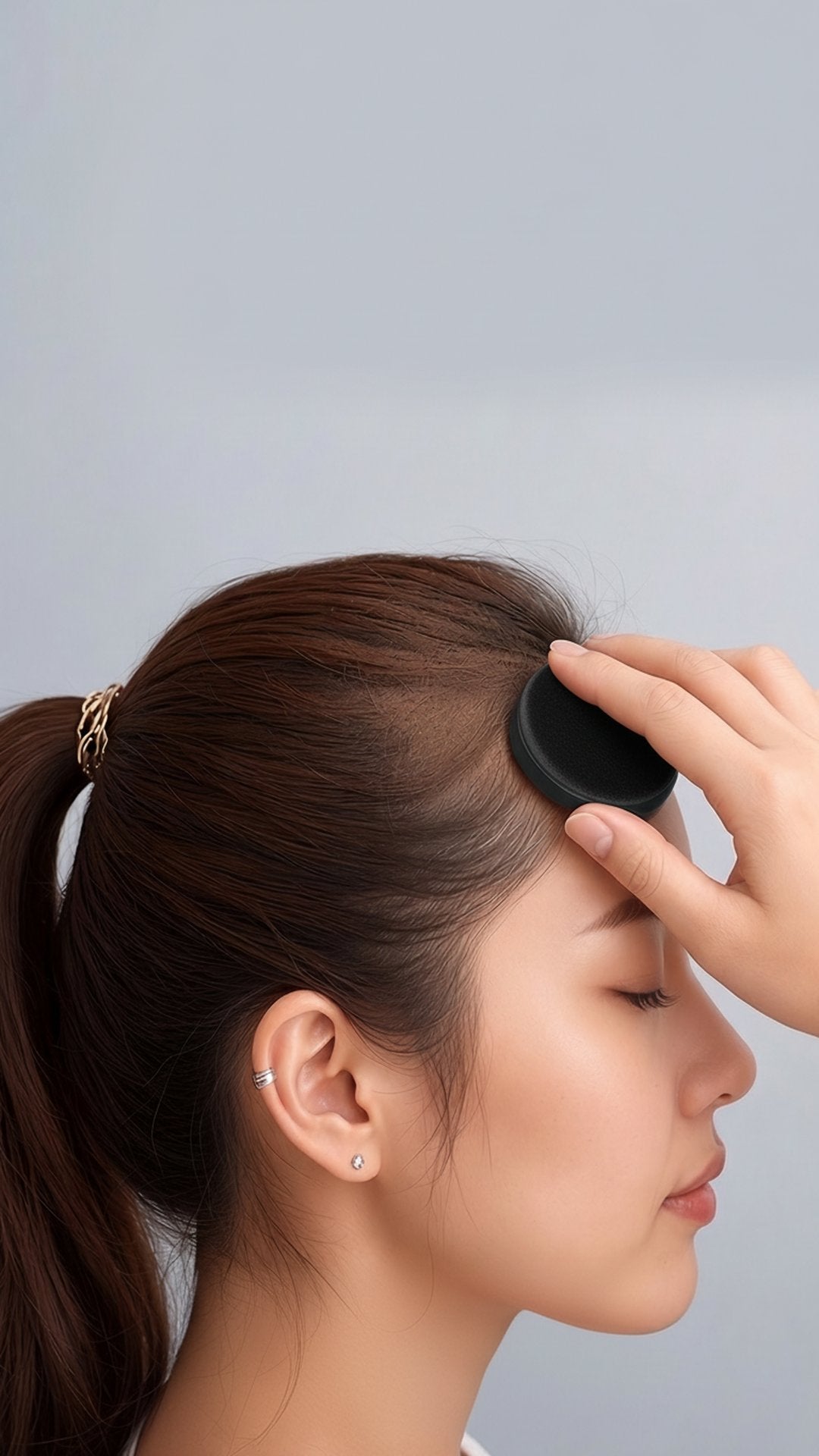 Applying hairline shadow powder with the included puff along the temple